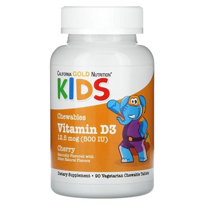 California Gold Nutrition, witamina do żucia D3 dla dzieci, naturalna wiśnia, 12,5 mcg (500 IU), 90 tabletek wegetariańskich