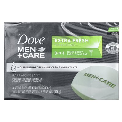 Dove, Men+Care, 3-N-1 mydło barowe, dodatkowe świeże, 4 bary, 3,75 uncji (106 g)