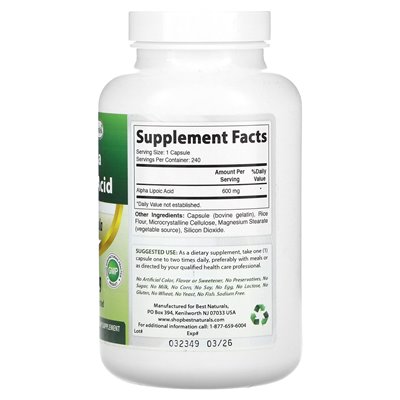 Best Naturals, Alpha Lipoic Acid, 600mg, 240 Capsules