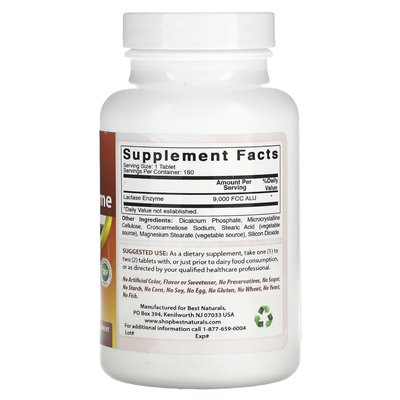 Best Natural, natürliches Laktase-Enzym, 9.000 FCC ALU, 180 Tabletten