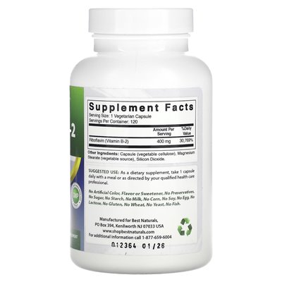 Best Naturals, Vitamin B-2 (Riboflavin), 400 mg, 120 vegetarische Kapseln