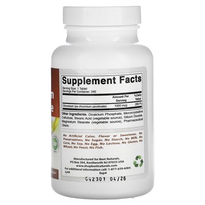 Best Naturals, Chromium Picolinate, 1000 mcg, 240 tabletek Best Naturals, Chromium Picolinate, 1000 mcg, 240 tabletek