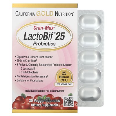 California Gold Nutrition, Cranmax® Lactobif Probiotics, 25 miliardów CFU, 30 kapsułek warzywnych