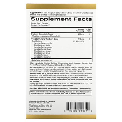 California Gold Nutrition, Cranmax® Lactobif Probiotics, 25 miliardów CFU, 30 kapsułek warzywnych