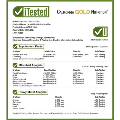 California Gold Nutrition, Cranmax® Lactobif Probiotics, 25 miliardów CFU, 30 kapsułek warzywnych
