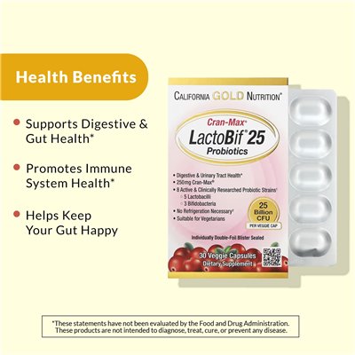 California Gold Nutrition, Cranmax® Lactobif Probiotics, 25 miliardów CFU, 30 kapsułek warzywnych