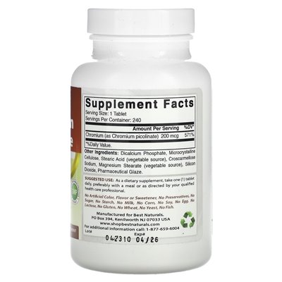 Best Naturals, Chromium Picolinate, 200 mcg, 240 tabletek