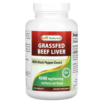 Best Naturals, Rinderleber von grasgefütterten Rindern, 4500 mg, 250 Kapseln (750 mg pro Kapsel)