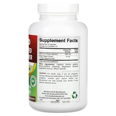 Best Naturals, Rinderleber von grasgefütterten Rindern, 4500 mg, 250 Kapseln (750 mg pro Kapsel)
