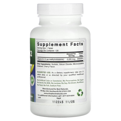 Best Naturals, witamina B-12 (metylokokobalamina), 6000 mcg, 120 tabletek
