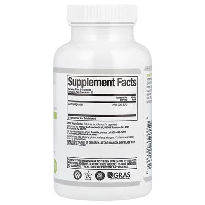 Arthur Andrew Medical, Serretia®, Pure Serrapeptaza, 250 000 SPU, 180 kapsułek (125 000 SPU na kapsułkę) Arthur Andrew Medical, Serretia®, Pure Serrapeptaza, 250 000 SPU, 180 kapsułek (125 000 SPU na kapsułkę)