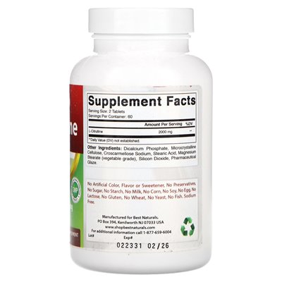 Best Naturals, L-cytrulina, 2000 mg, 120 tabletek (1000 mg na tablet)