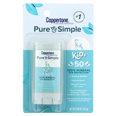 Coppertone, Pure & Simple, Kids, Sunscreen Stick, SPF 50, Cocoa Butter, 0.49 oz (13.9 g) Coppertone, Pure & Simple, Kids, Sunscreen Stick, SPF 50, Cocoa Butter, 0.49 oz (13.9 g)