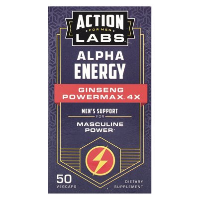 Action Labs, dla mężczyzn, Alpha Energy, żeń -szeń Powermax ™ 4X, 50 Vegcaps