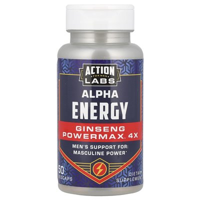 Action Labs, dla mężczyzn, Alpha Energy, żeń -szeń Powermax ™ 4X, 50 Vegcaps