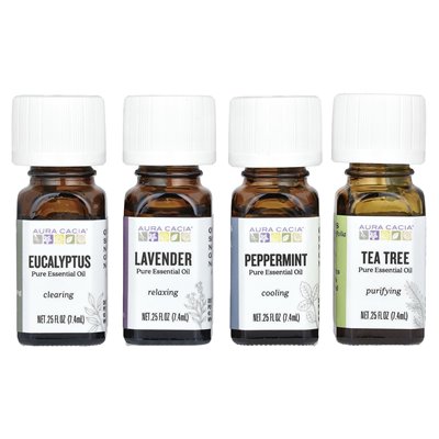Aura Cacia, czyste olejki eteryczne, Zestaw Discover, 4 butelki, 0,25 fl oz (7,4 ml) Aura Cacia, czyste olejki eteryczne, Zestaw Discover, 4 butelki, 0,25 fl oz (7,4 ml)