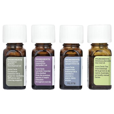 Aura Cacia, czyste olejki eteryczne, Zestaw Discover, 4 butelki, 0,25 fl oz (7,4 ml) Aura Cacia, czyste olejki eteryczne, Zestaw Discover, 4 butelki, 0,25 fl oz (7,4 ml)