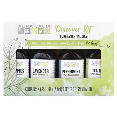 Aura Cacia, czyste olejki eteryczne, Zestaw Discover, 4 butelki, 0,25 fl oz (7,4 ml) Aura Cacia, czyste olejki eteryczne, Zestaw Discover, 4 butelki, 0,25 fl oz (7,4 ml)