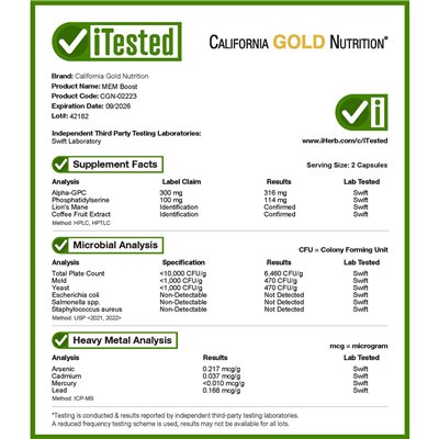 California Gold Nutrition, Mem Boost ™, Gedächtnis- und kognitive Unterstützung, 60 vegetarische Kapseln