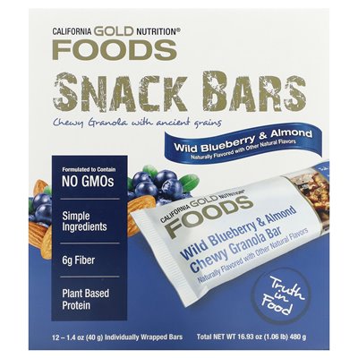 California Gold Nutrition, Foods, Wild Blueberry & Almond Chewy Granola Bars, 12 Bars, 1.4 oz (40 g)