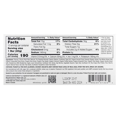 California Gold Nutrition, Foods, Wild Blueberry & Almond Chewy Granola Bars, 12 Bars, 1.4 oz (40 g)
