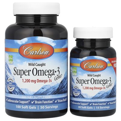 Carlson, Wild złapał Super Omega-3 GEMS®, 1200 mg, 100 + 30 miękkich żeli (600 mg na miękki żel)