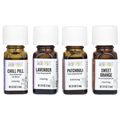 Aura Cacia, Zestaw relaksacyjny, uspokajające czyste olejki eteryczne, 4 butelki, 0,25 fl oz (7,4 ml) Aura Cacia, Zestaw relaksacyjny, uspokajające czyste olejki eteryczne, 4 butelki, 0,25 fl oz (7,4 ml)