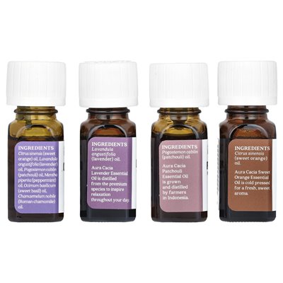Aura Cacia, Zestaw relaksacyjny, uspokajające czyste olejki eteryczne, 4 butelki, 0,25 fl oz (7,4 ml) Aura Cacia, Zestaw relaksacyjny, uspokajające czyste olejki eteryczne, 4 butelki, 0,25 fl oz (7,4 ml)