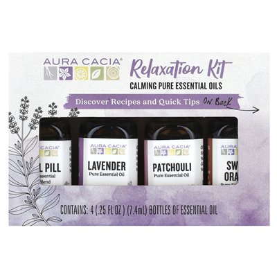 Aura Cacia, Zestaw relaksacyjny, uspokajające czyste olejki eteryczne, 4 butelki, 0,25 fl oz (7,4 ml) Aura Cacia, Zestaw relaksacyjny, uspokajające czyste olejki eteryczne, 4 butelki, 0,25 fl oz (7,4 ml)