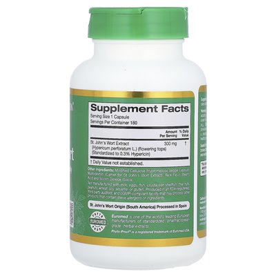 California Gold Nutrition, Euroherbs, St. John's Wort Extract, Euromed Quality, 300 mg, 180 kapsułek wegetariańskich