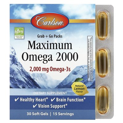 Carlson, maksymalna Omega 2000, naturalna cytryna, 2000 mg, 30 miękkich żeli (1000 mg na miękki żel)