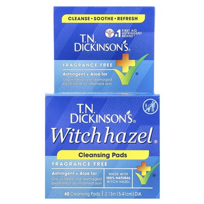 Dickinson Brands, T.N.Dickinson's® Witch Hazel® Cleansing Ends, Bezprzezłośnie, 60 podkładek do czyszczenia Dickinson Brands, T.N.Dickinson's® Witch Hazel® Cleansing Ends, Bezprzezłośnie, 60 podkładek do czyszczenia