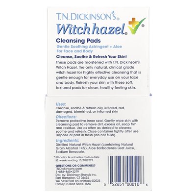Dickinson Brands, T.N.Dickinson's® Witch Hazel® Cleansing Ends, Bezprzezłośnie, 60 podkładek do czyszczenia Dickinson Brands, T.N.Dickinson's® Witch Hazel® Cleansing Ends, Bezprzezłośnie, 60 podkładek do czyszczenia
