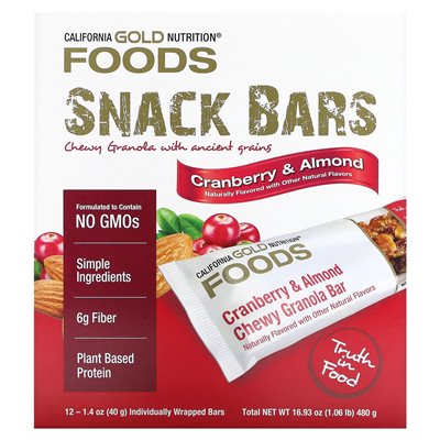 California Gold Nutrition, Foods, Cranberry &amp Almond Chewy Granola, 12 barów, 1,4 uncji (40 g)