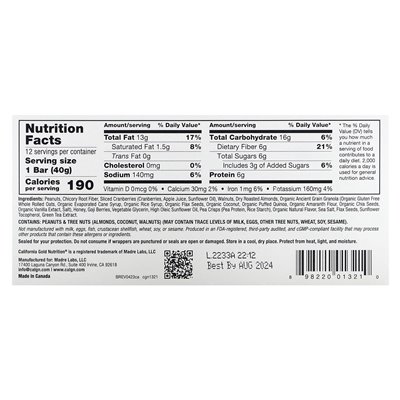 California Gold Nutrition, Foods, Cranberry &amp Almond Chewy Granola, 12 barów, 1,4 uncji (40 g)