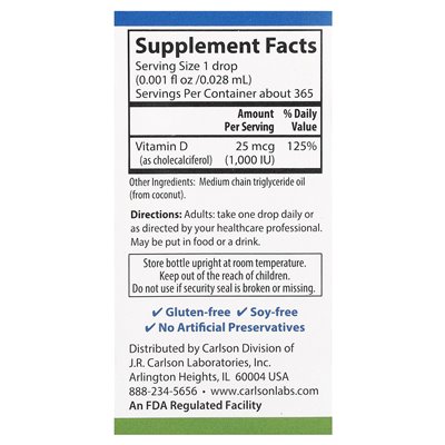 Carlson, Super Daily® D3, 25 mcg (1000 IU), 0.35 Fl Oz (10.3 ml)