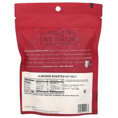 Bergin Fruit and Nut Company, Roasted Almonds, No Salt, 7 oz (198 g)