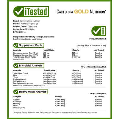 California Gold Nutrition, COD Wątrobowa olej, norweska trójgliceryd, naturalna cytryna, 6,7 fl oz (200 ml) California Gold Nutrition, COD Wątrobowa olej, norweska trójgliceryd, naturalna cytryna, 6,7 fl oz (200 ml)