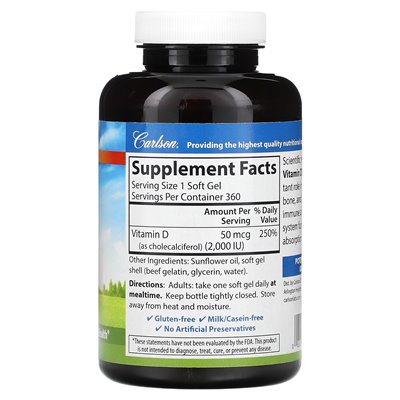 Carlson, witamina D3, 50 mcg (2000 IU), 360 miękkich żeli