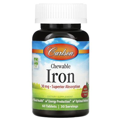 Carlson, żelazo do żucia, truskawka, 30 mg, 60 tabletek