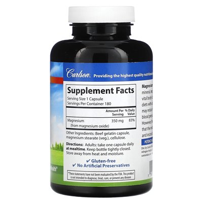 Carlson, magnesium, 350 mg, 180 capsules