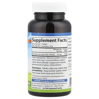 Carlson, Chelatisiertes Zink, 30 mg, 250 Tabletten