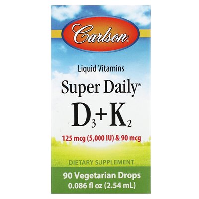 Carlson, Super Daily® D3 + K2, 125 MCG (5000 IU) i 90 mcg, 0,086 Fl Oz (2,54 ml)