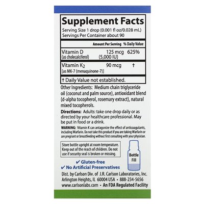 Carlson, Super Daily® D3 + K2, 125 MCG (5000 IU) i 90 mcg, 0,086 Fl Oz (2,54 ml)