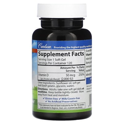 Carlson Vitamin D3 50 mcg (2000 IE) 120 Kapseln
