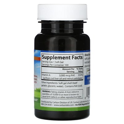 Carlson, Vitamin A, 3000 mcg Rae (10,000 IU), 100 Softgels