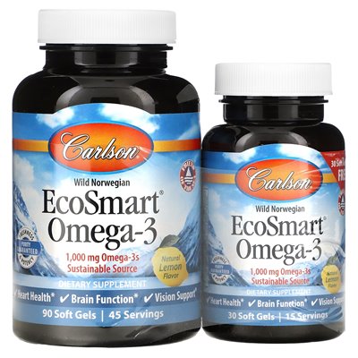 Carlson, Wild Norwegian, Ecosmart Omega-3, natürliche Zitrone, 1000 mg, 90 + 30 Softgelkapseln (500 mg pro Softgelkapsel)