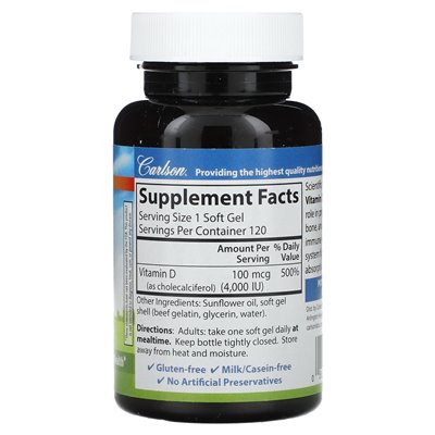 Carlson, witamina D3, 100 mcg (4000 IU), 120 miękkich żeli