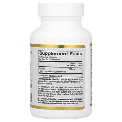 California Gold Nutrition, L-Lysine, 500 mg, 60 kapsułek wegetariańskich