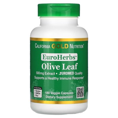 California Gold Nutrition, EuroHerbs, Ekstrakt z liści oliwek, jakość Euromedu, 500 mg, 180 kapsułek wegetariańskich